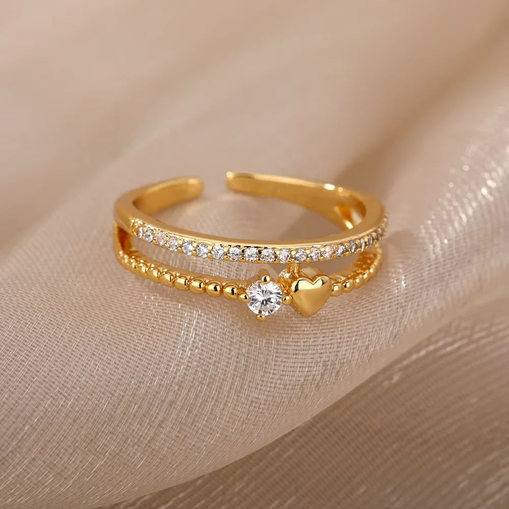 Bague Double anneau Cœur et zircon, finition dorée