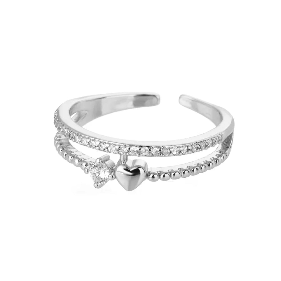Bague Double anneau Cœur et zircon, finition argentée