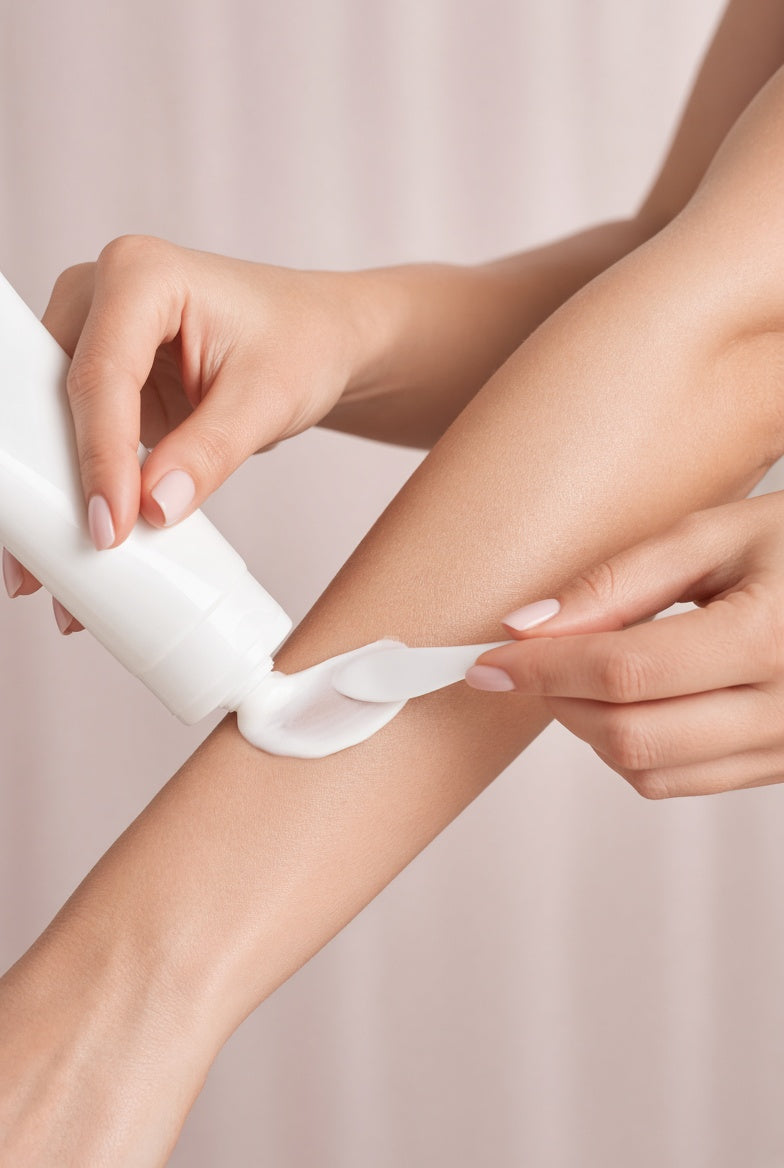 Une main applique une crème sur un bras avec une spatule
