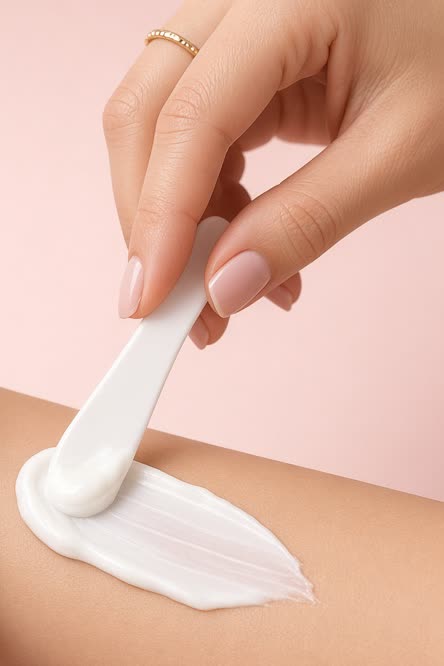 Une main applique une crème sur le bras avec une spatule